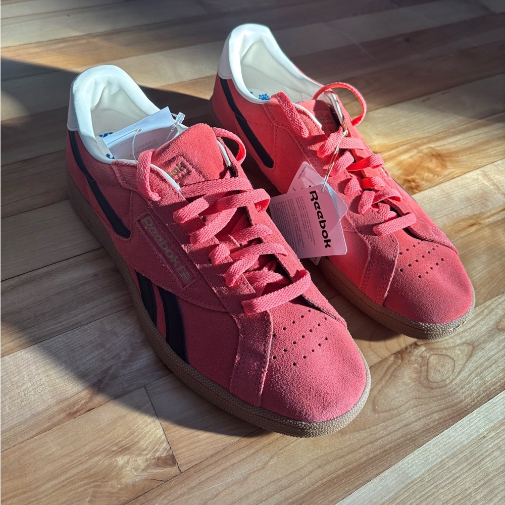 Reebok Club C Grounds Suede Sneakers in Coral Red with Black Stripes
